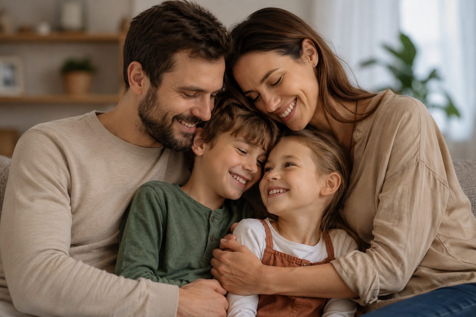 Родители обнимают детей